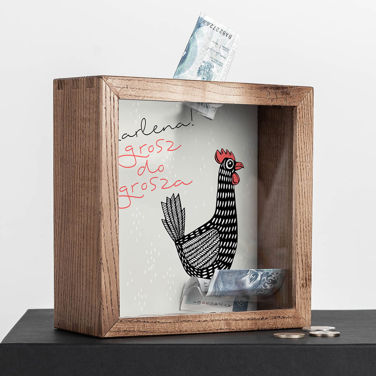 Personalizowana skarbonka na grosze - Grosz do grosza - prezent dla każdego skarbonka drewniana