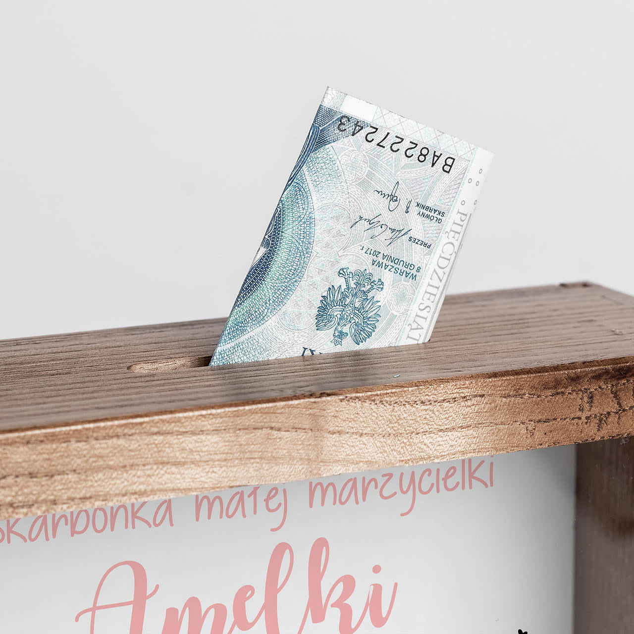 Personalizowana skarbonka na marzenia - prezent dla dziewczynki drewniana skarbonka z szybką prezent dla dziecka