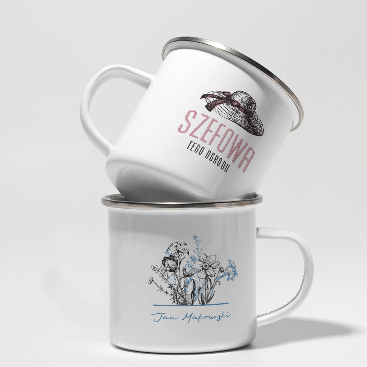 Komplet personalizowanych kubków emaliowanych - Szefowie Ogrodu - prezent dla pary ogrodników komplet kubków