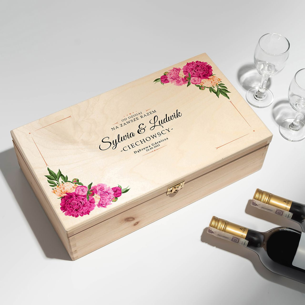 Personalizowana skrzynka na wino - prezent z okazji ślubu prezent dla pary młodej prezent dla nowożeńców