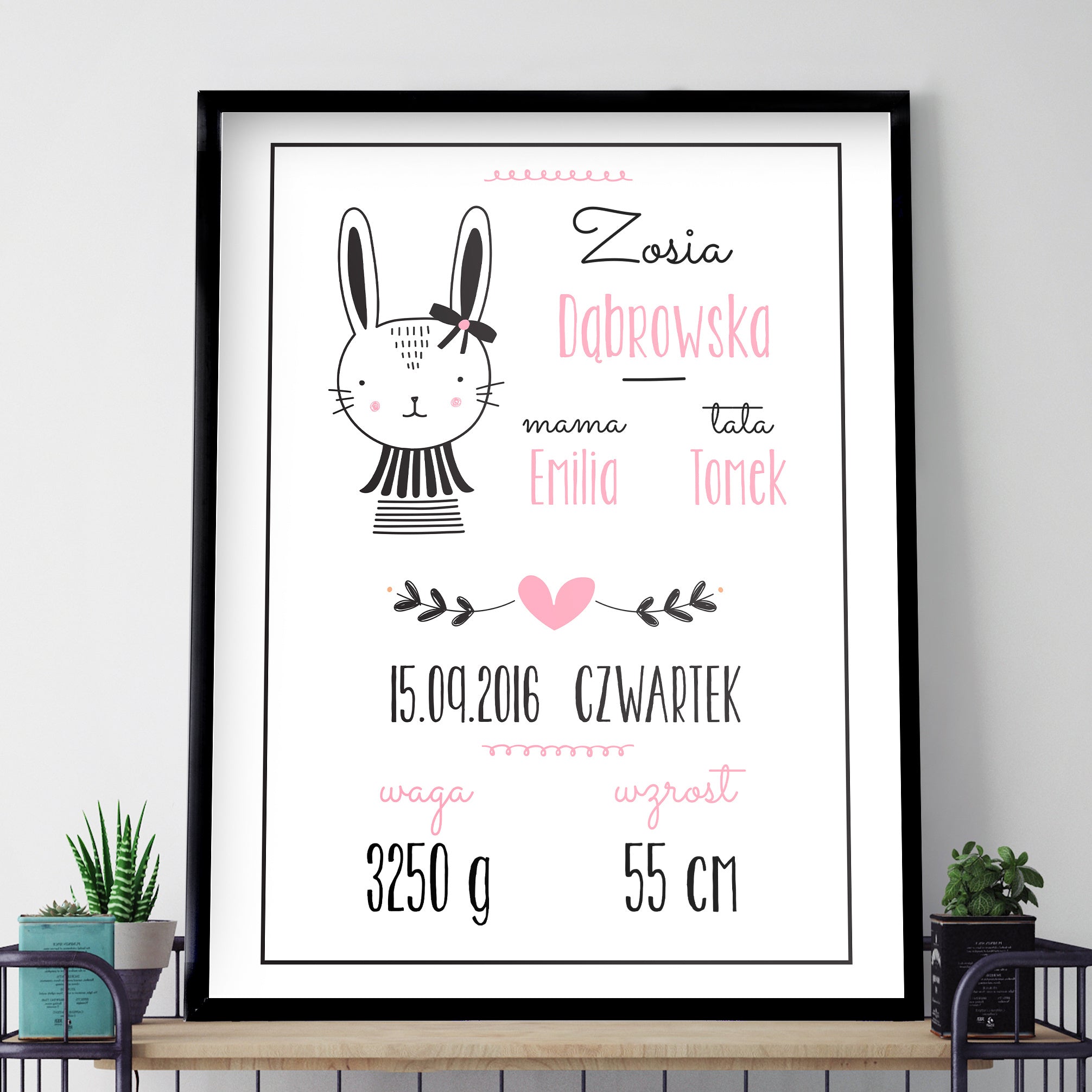 Personalizowany plakat z metryczką na Narodziny Dziewczynki metryczka dla dziewczynki