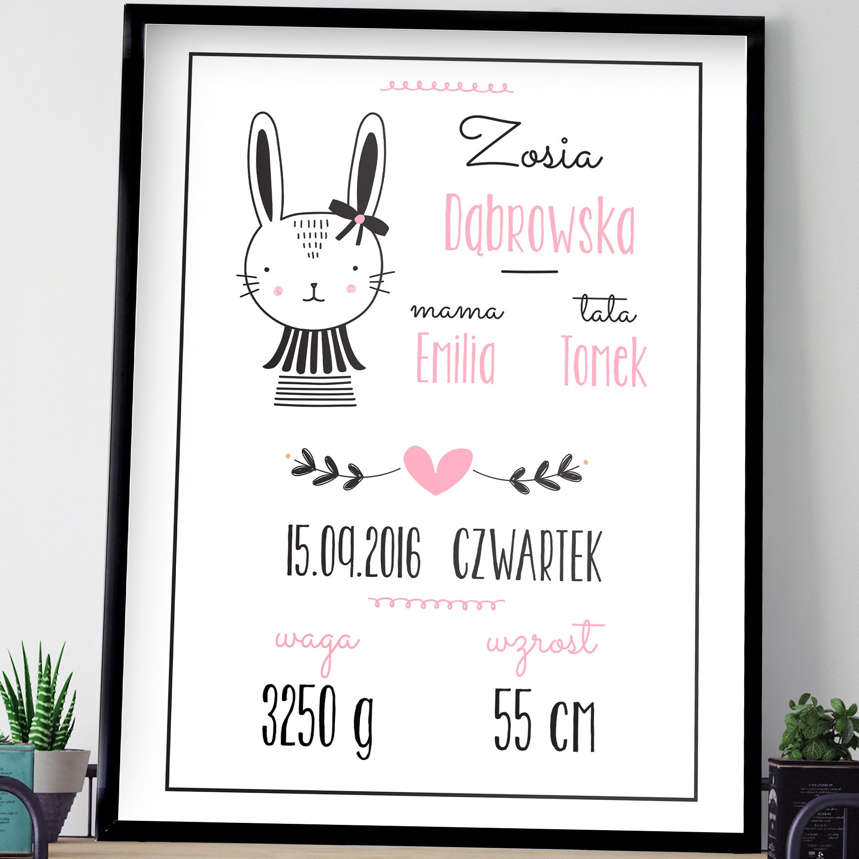 Personalizowany plakat z metryczką na Narodziny Dziewczynki metryczka dla dziewczynki