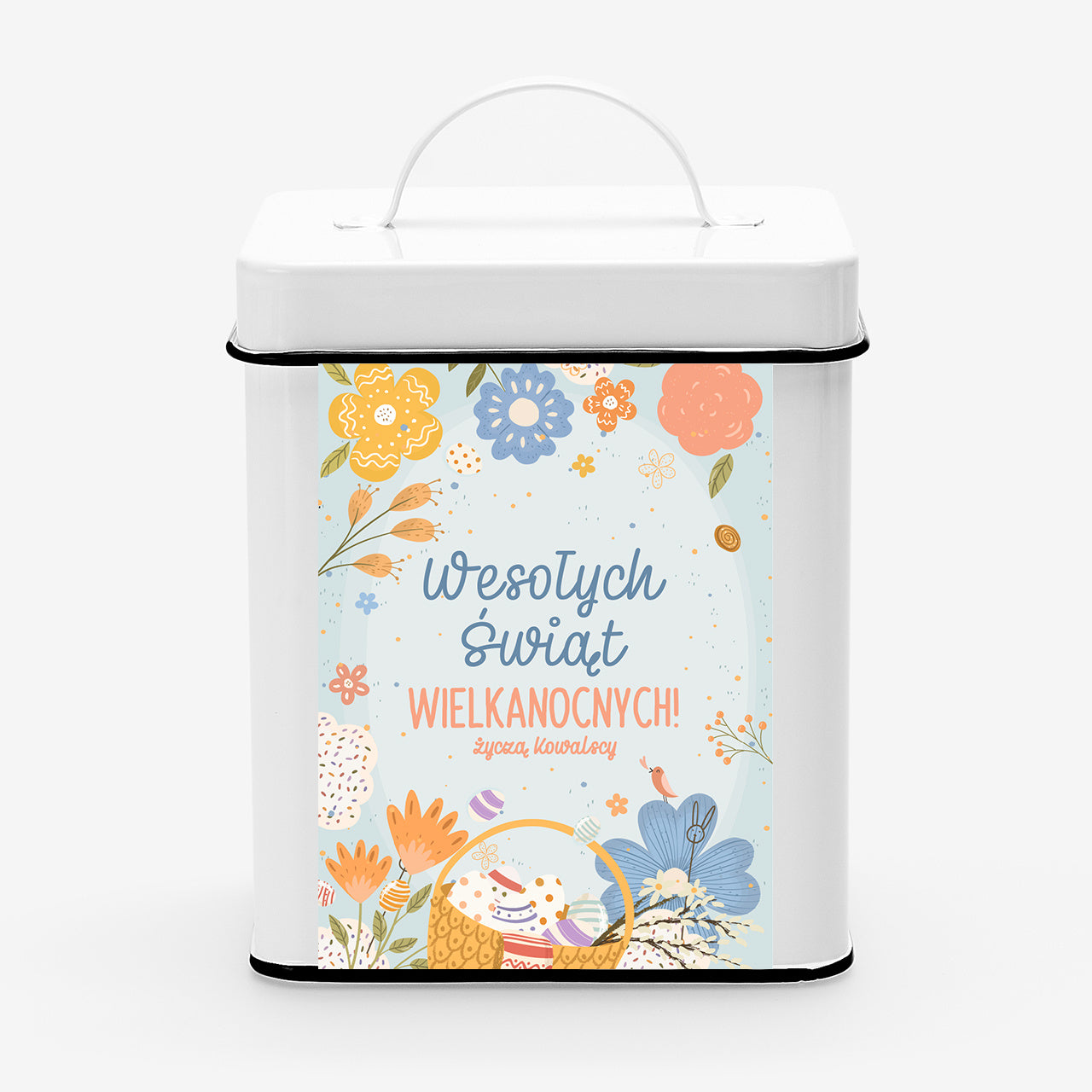 Kawa wielkanocna z puszką Wesołych Świąt Wielkanocnych