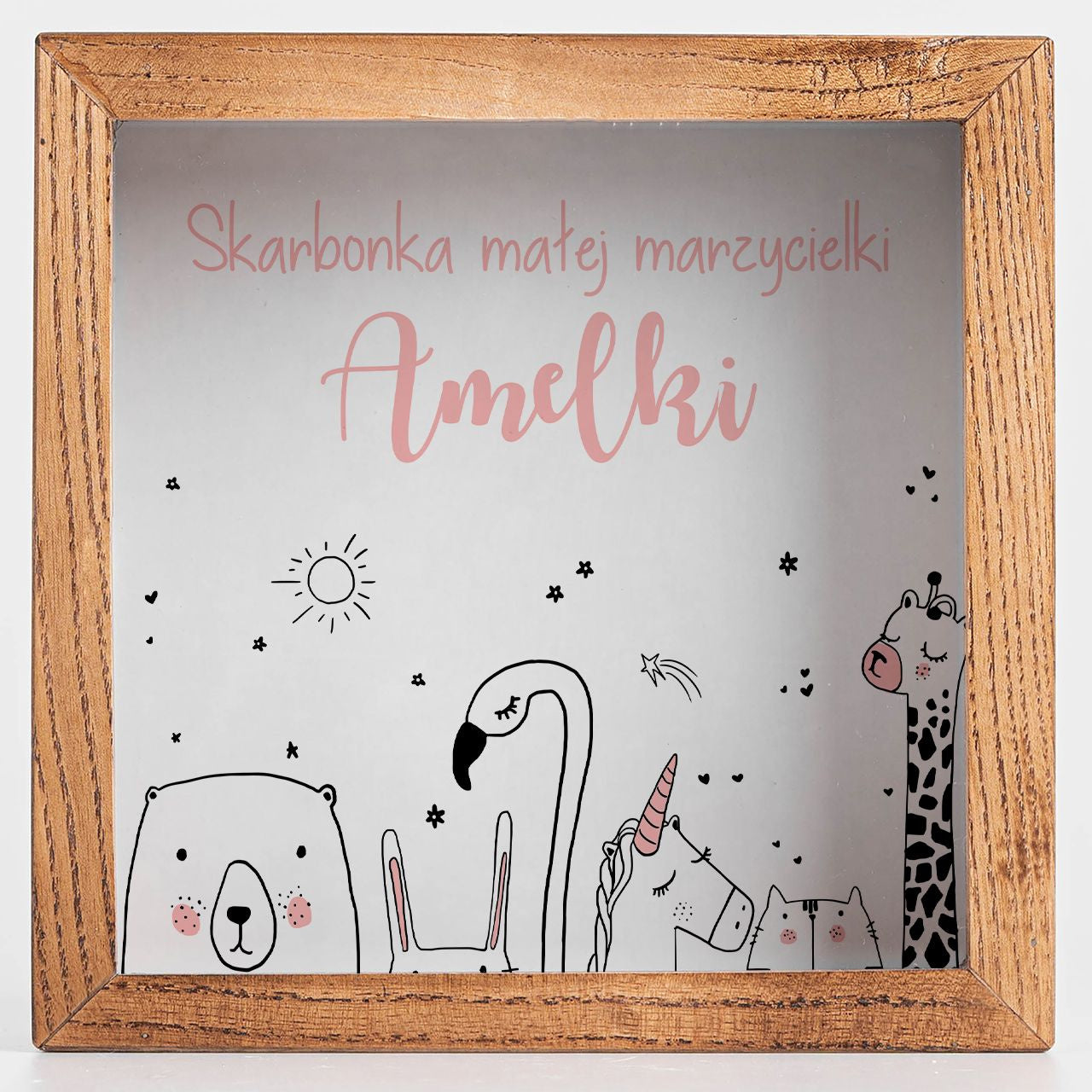 Personalizowana skarbonka na marzenia - prezent dla dziewczynki drewniana skarbonka z szybką prezent dla dziecka