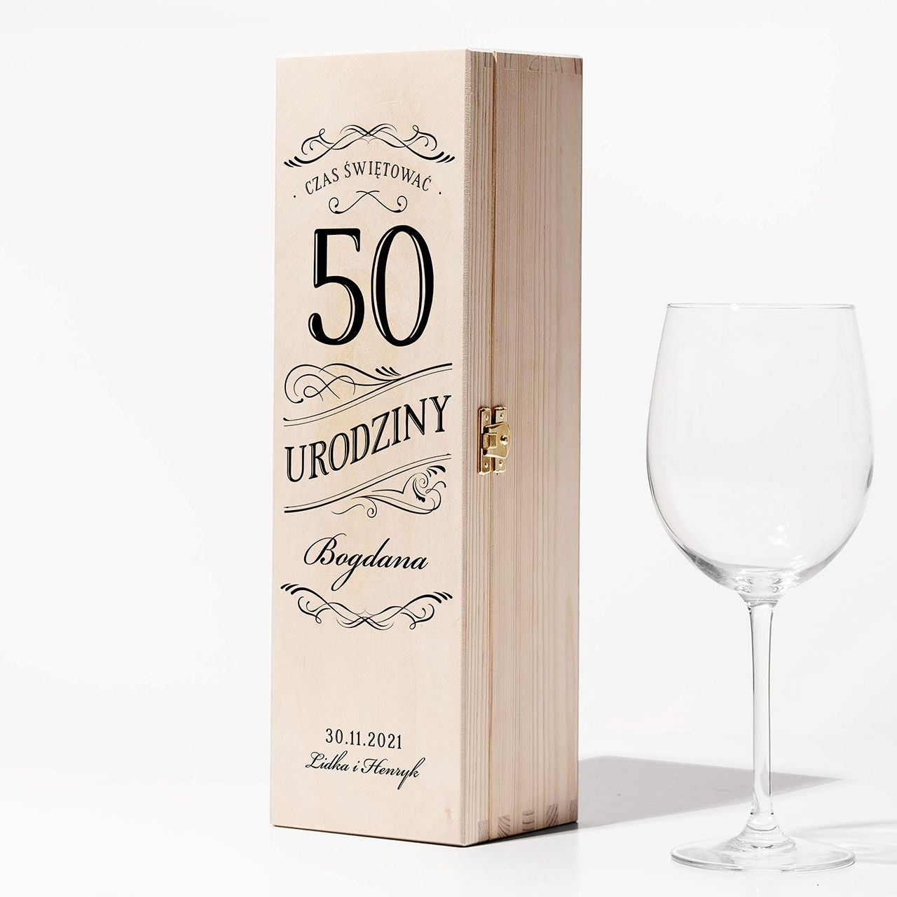 Skrzynka na wino na 50 urodziny drewniana skrzynka na wino prezent na 50 urodziny