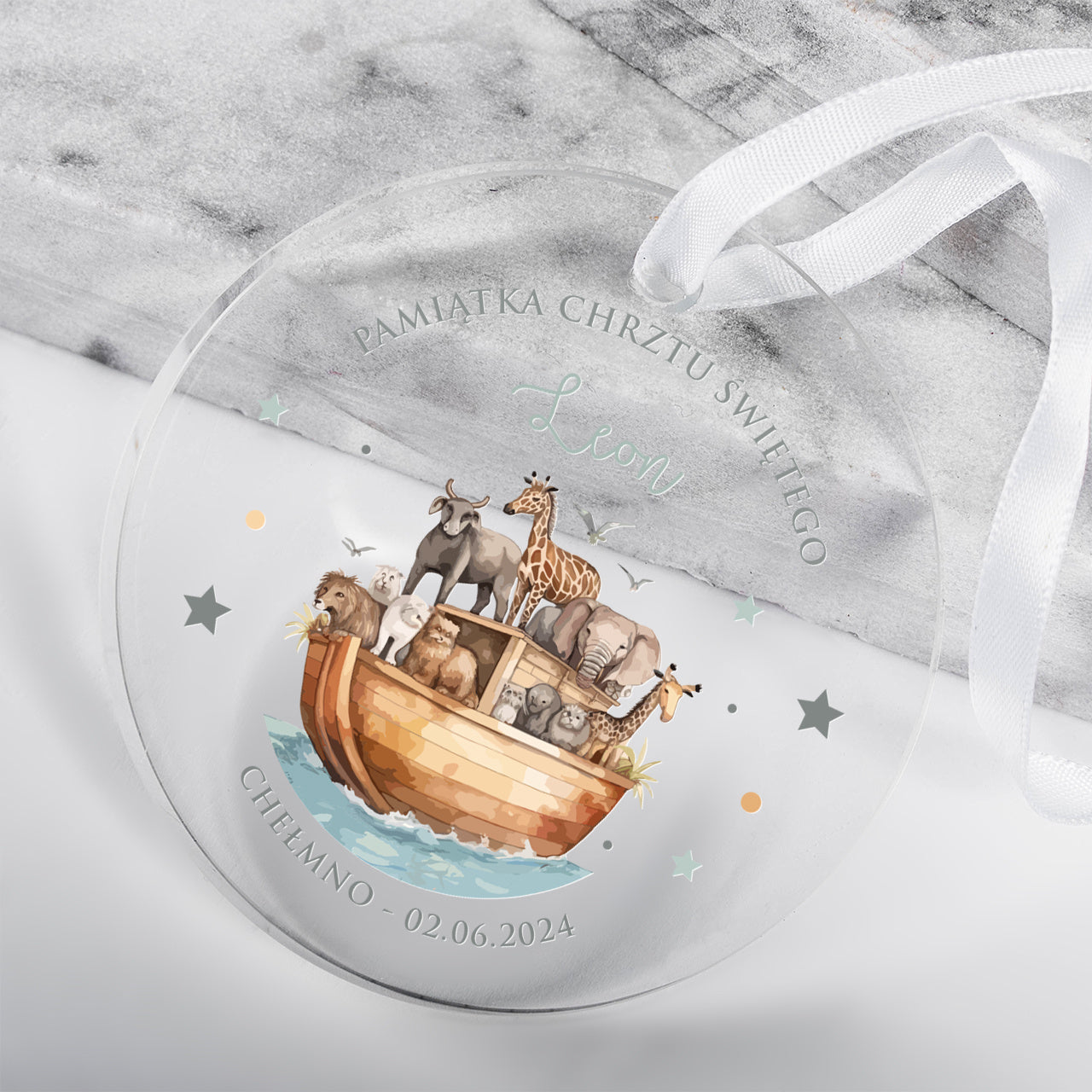 Zawieszka z dedykacją - Arka Noego - upominek na Chrzest