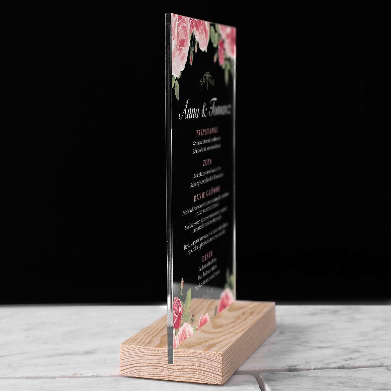 Personalizowane menu weselne na ramce plexi