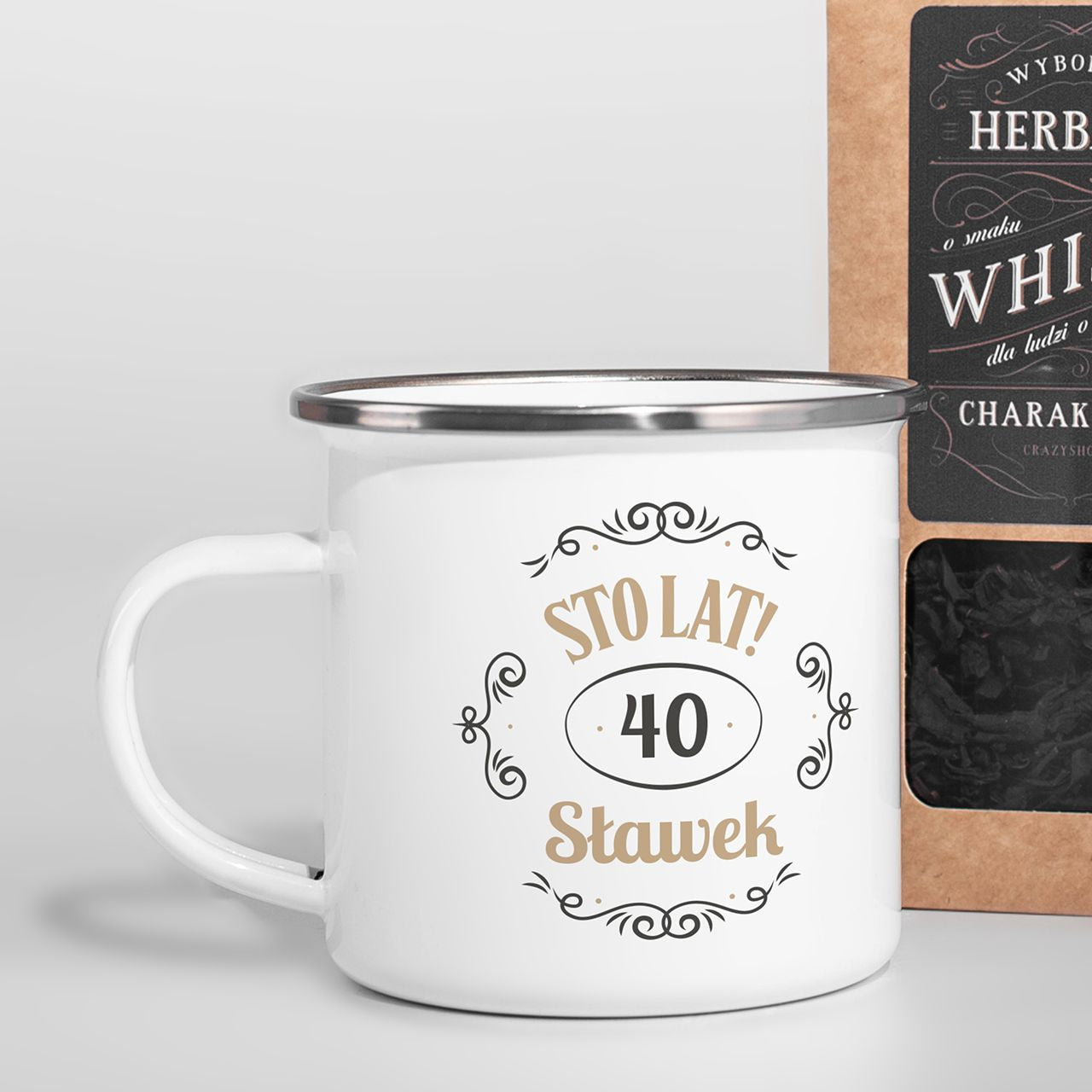 Herbata o aromacie whisky i emaliowany kubek - prezent na 40 dla niego