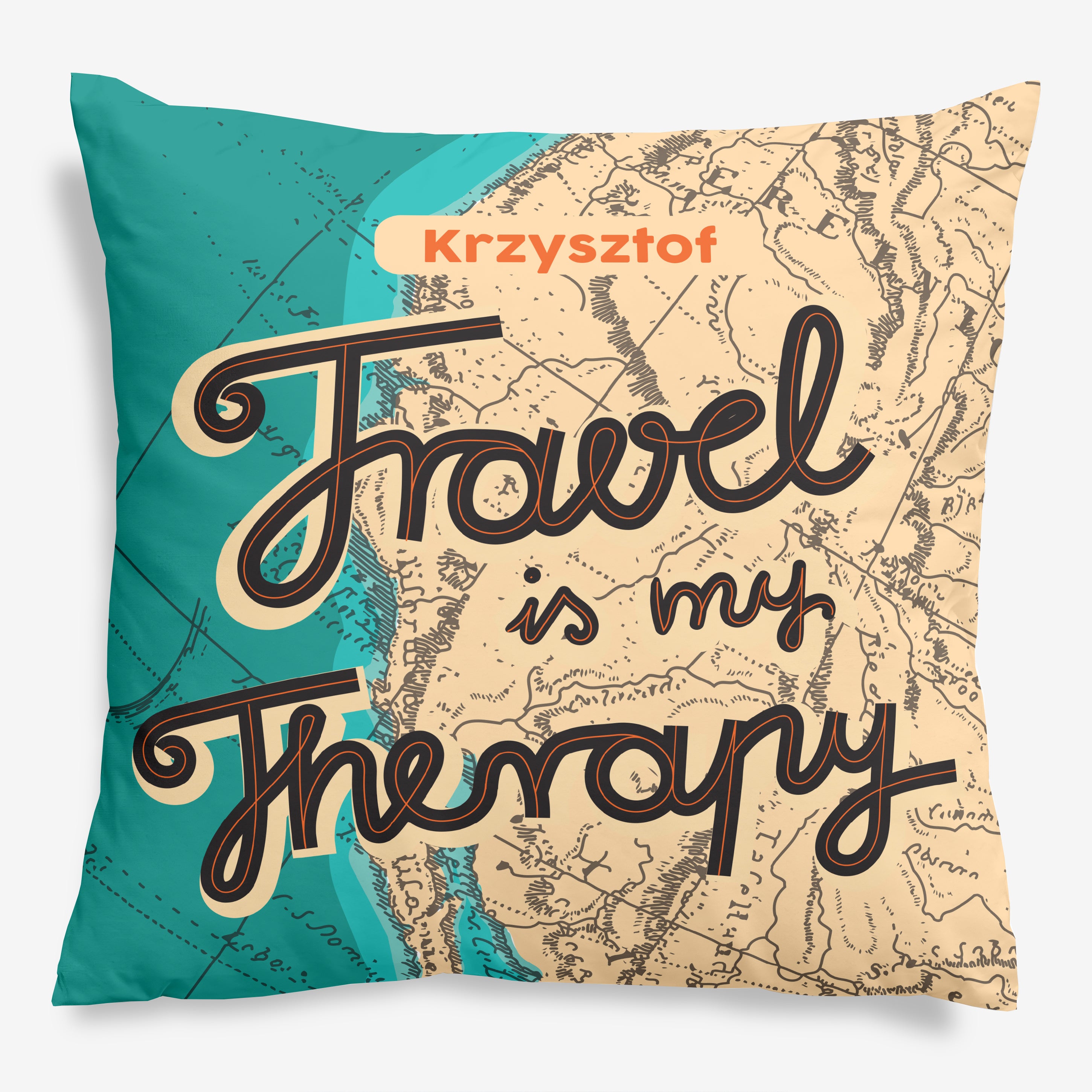 Poduszka dla podróżnika - Travel is my therapy - personalizowana
