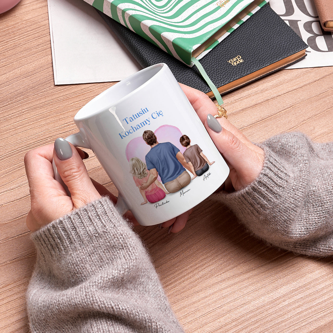 Kubek dla Taty z dwójką dzieci - Portret personalizowany kubek prezent dla Taty prezent na Dzień Taty