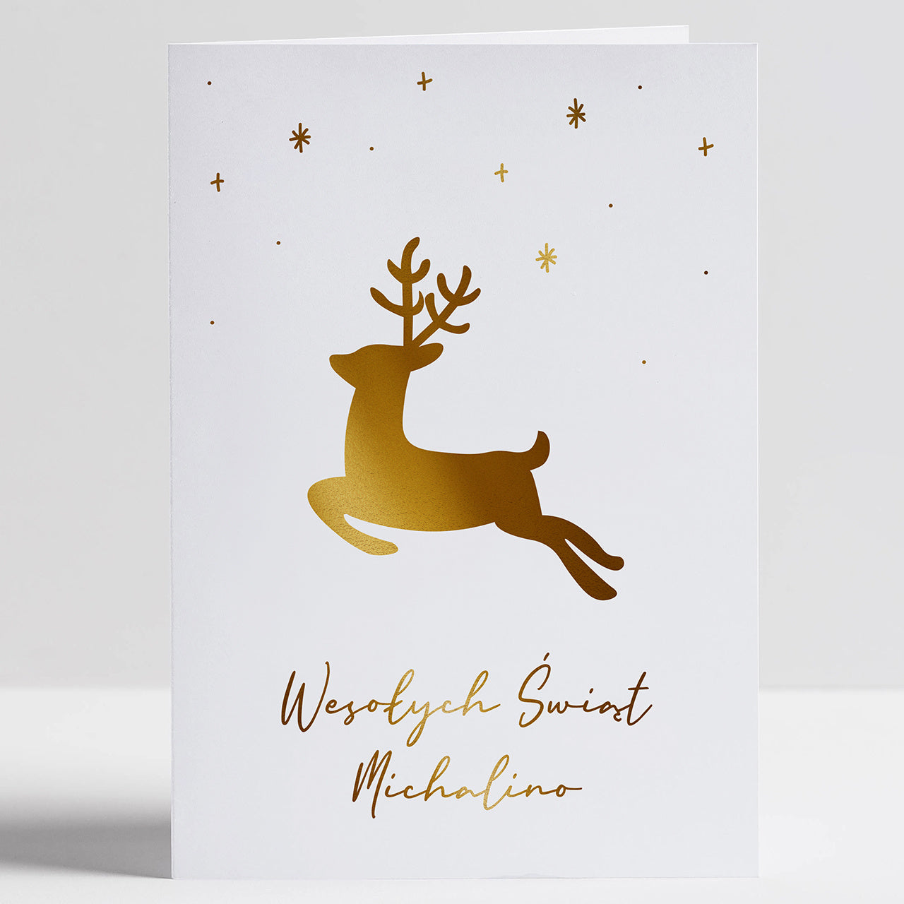 Personalizowana kartka świąteczna z reniferem - złoty nadruk