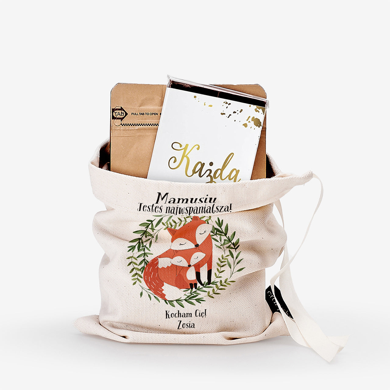 Czekolada i kawa w dedykowanym woreczku - Jesteś Najwspanialsza - prezent z okazji Dnia Mamy prezent na dzień mamy