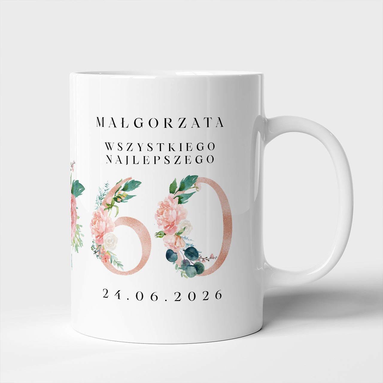 Personalizowany kubek w kwiaty - prezent na 60 urodziny dla kobiety