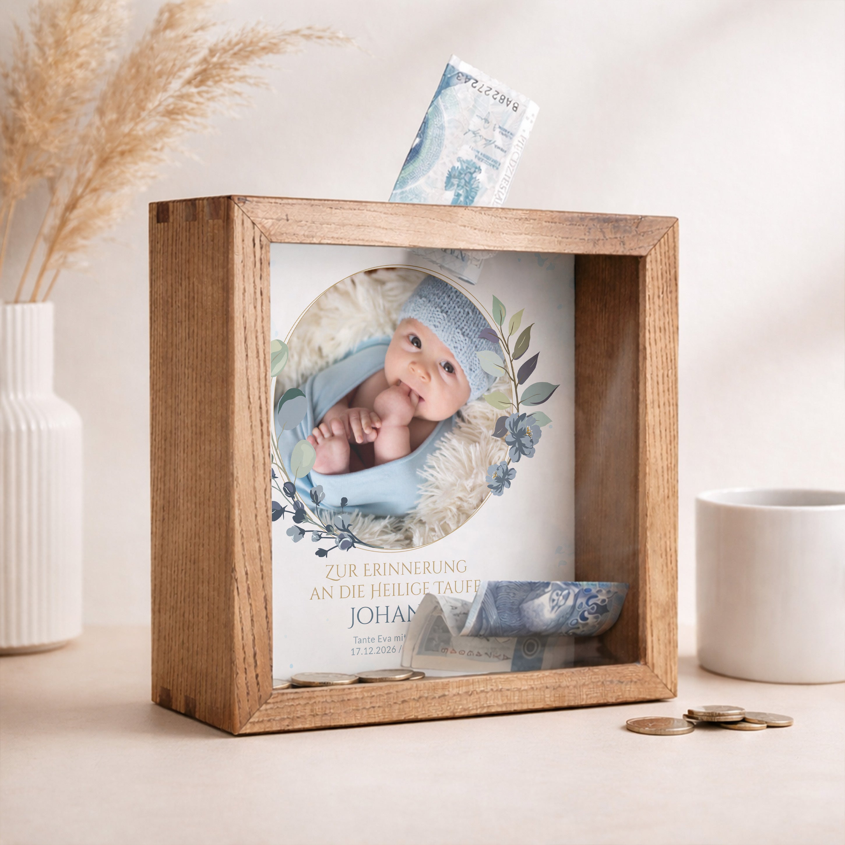 Spardose zur Taufe mit Foto FÜR JUNGEN