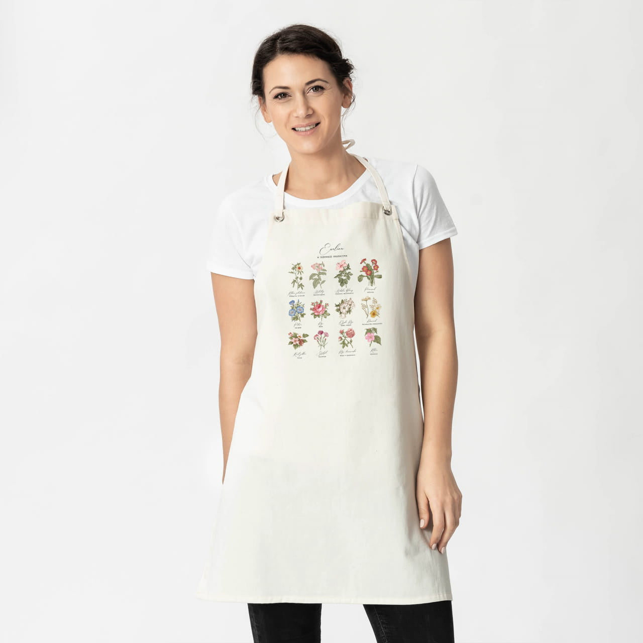 Fartuch z kwiatami - prezent dla miłośniczki roślin fartuch z nadrukiem prezent dla ogrodniczki