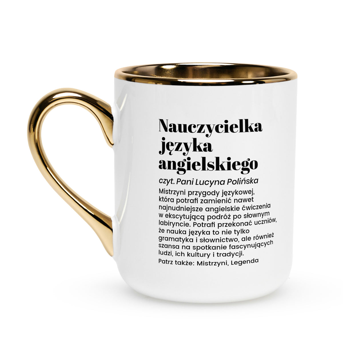 Kubek biało-złoty dla nauczycielki angielskiego