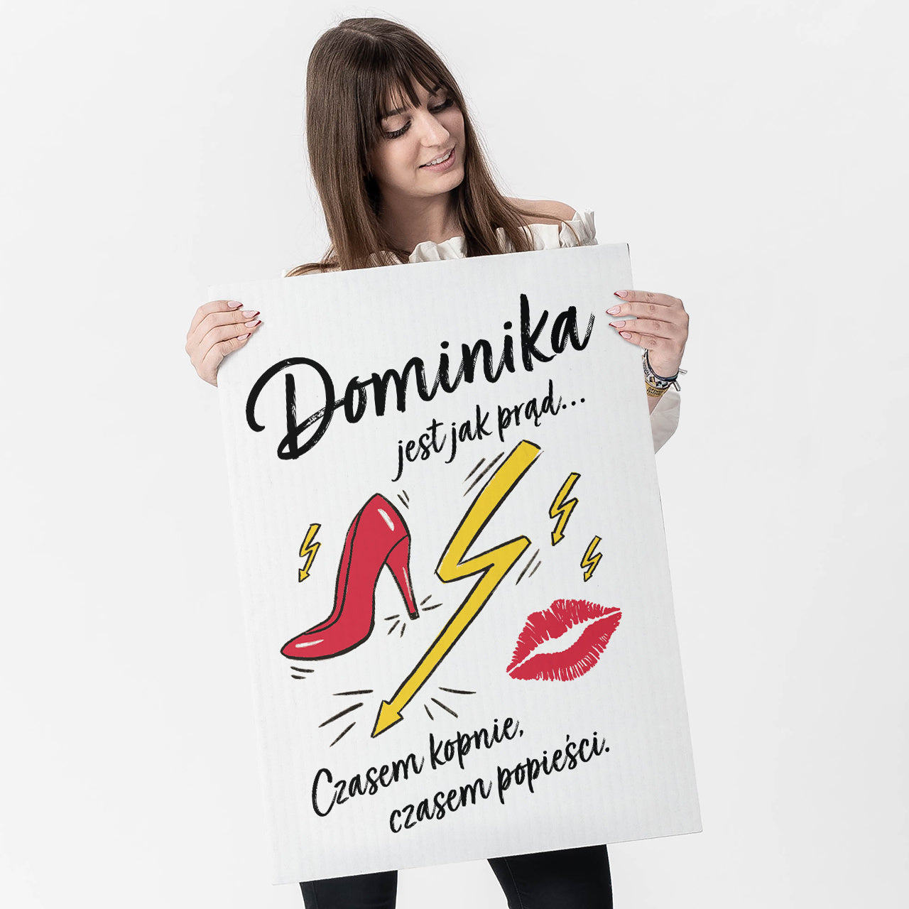 Duża kartka na Dzień Kobiet xxl - kobieta jest jak prąd prezent na Dzień Kobiet śmieszna kartka dla kobiety 