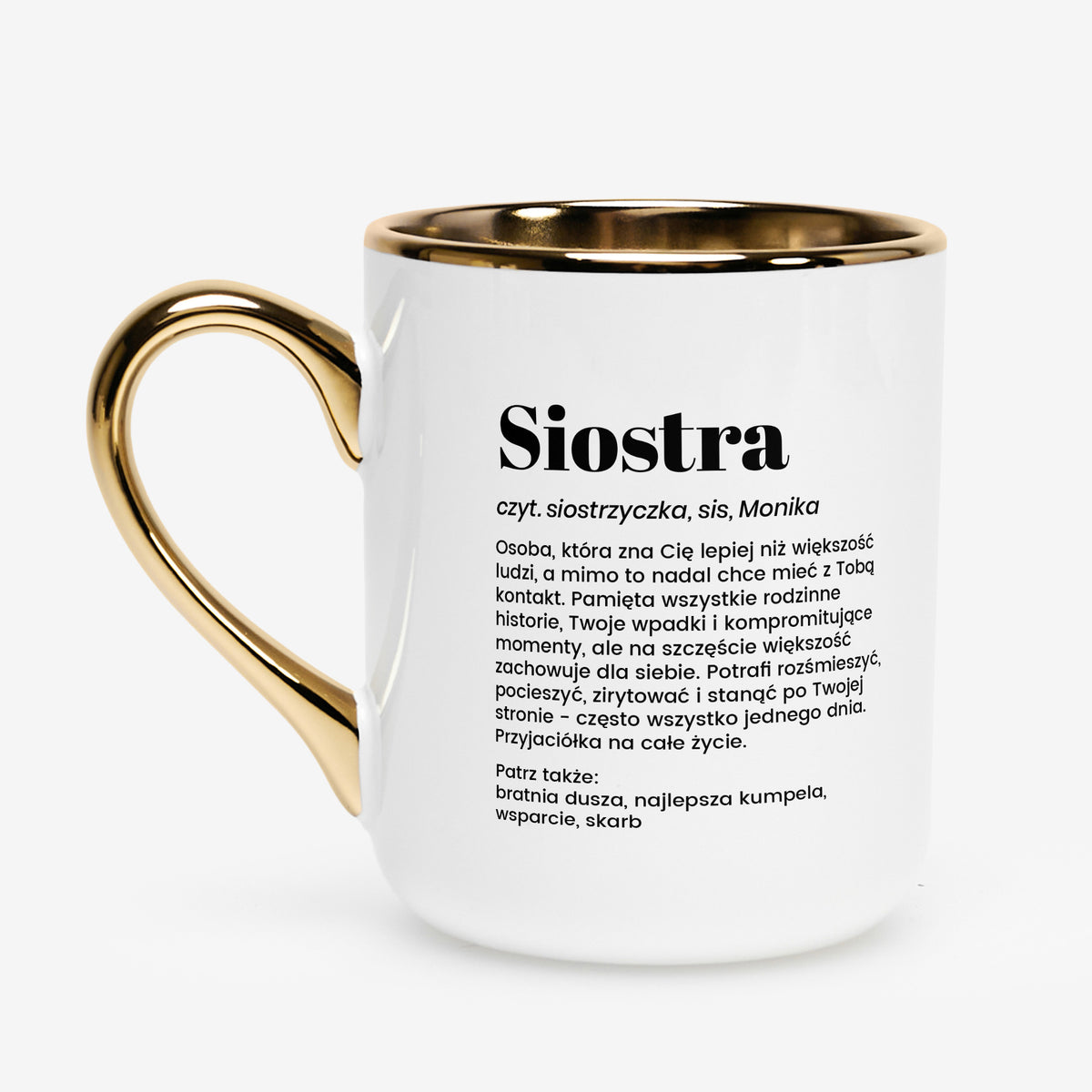 Personalizowana biało-złoty kubek dla siostry