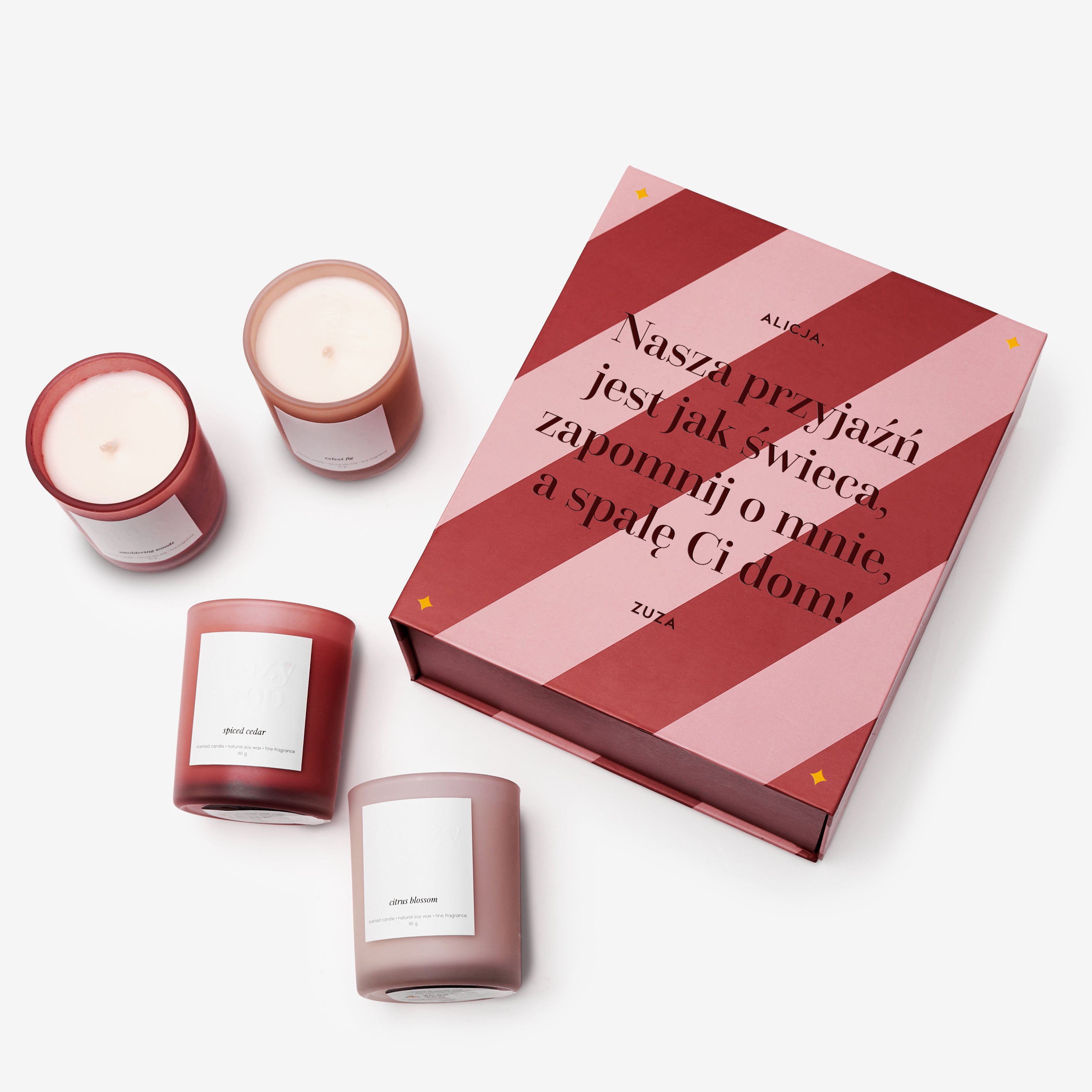 Zestaw prezentowy dla przyjaciółki SPALĘ CI DOM komplet świeczek prezent dla przyjaciółki