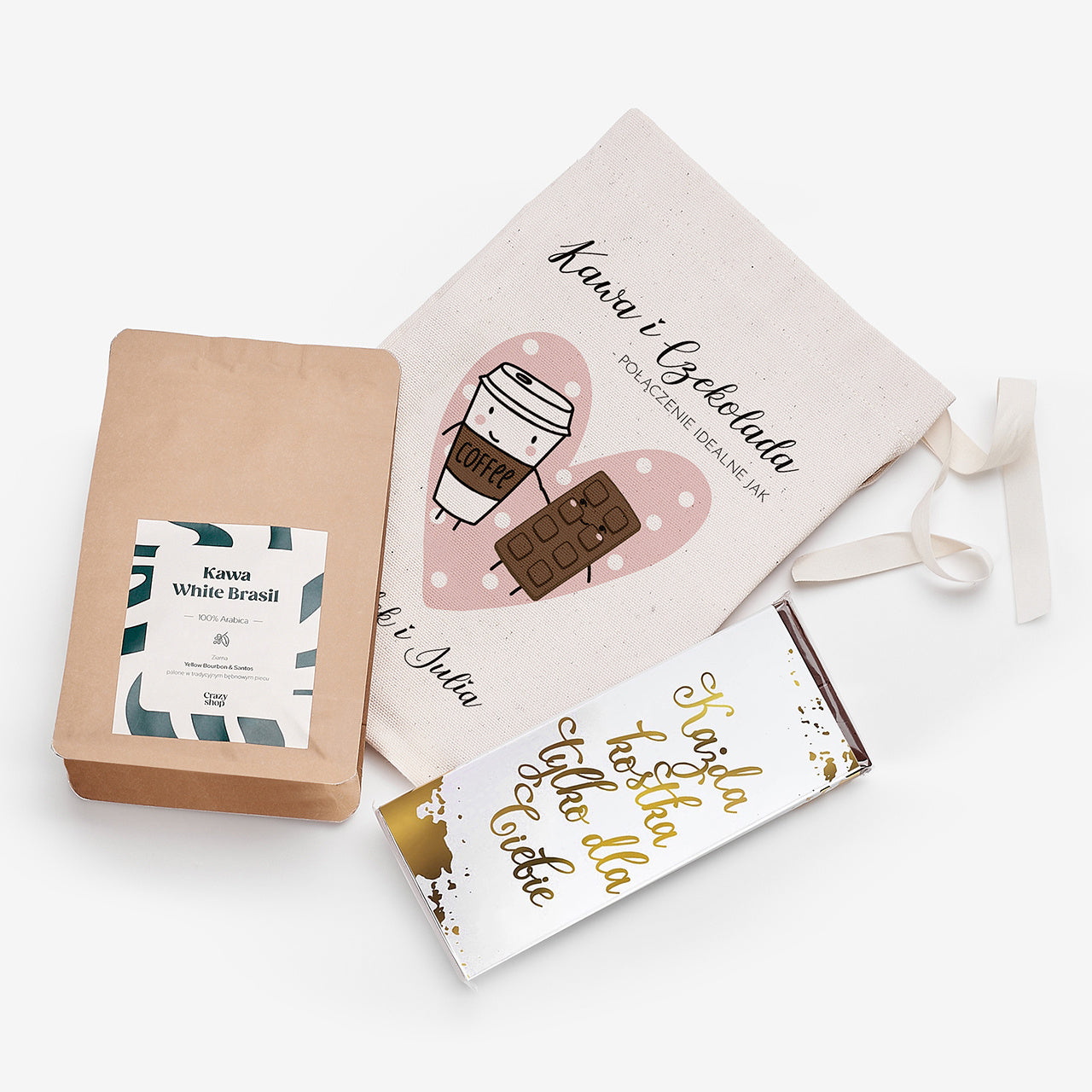 Kawa i czekolada w personalizowanym woreczku - Połączenie Idealne - prezent dla narzeczonych