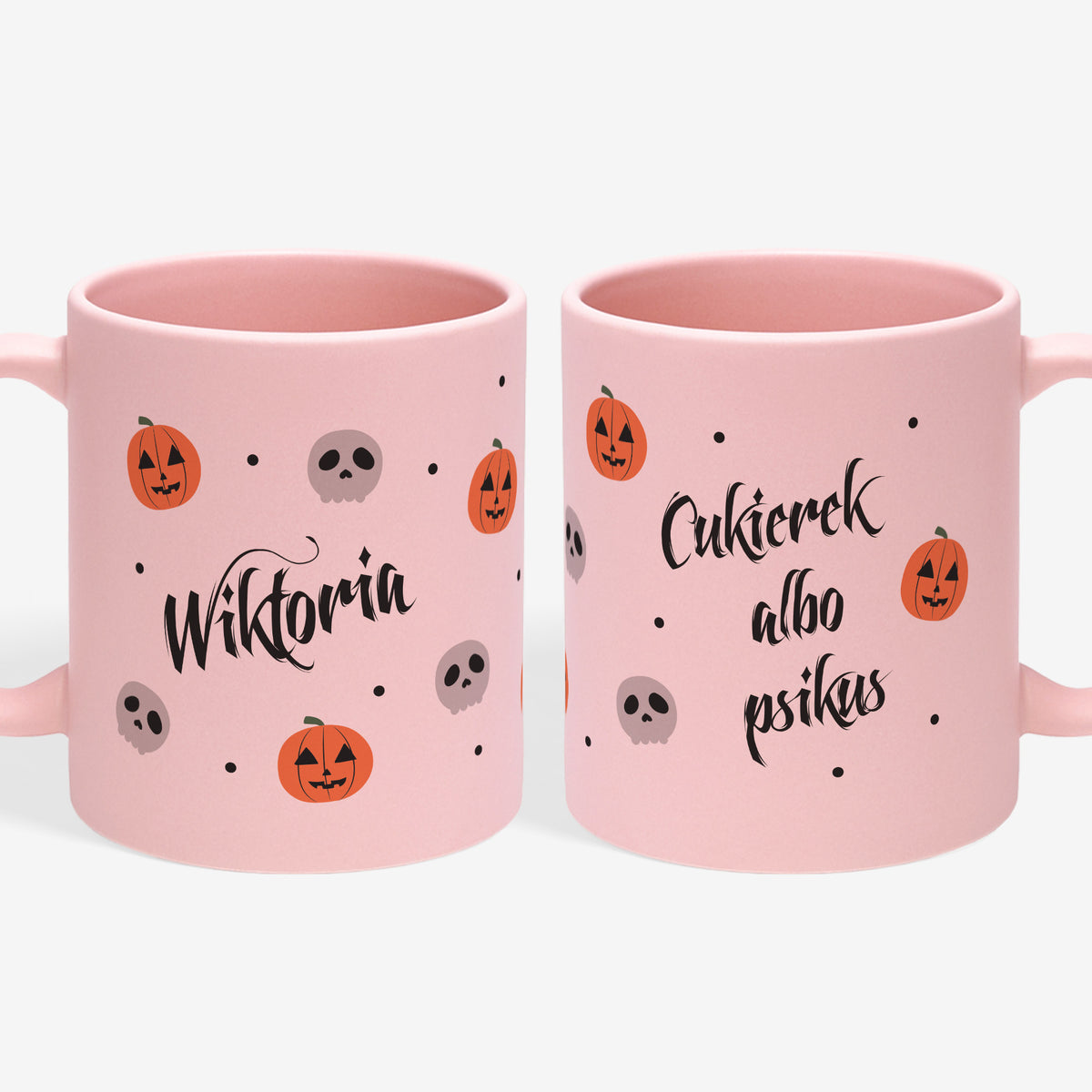 Różowy kubek na halloween - cukierek albo psikus
