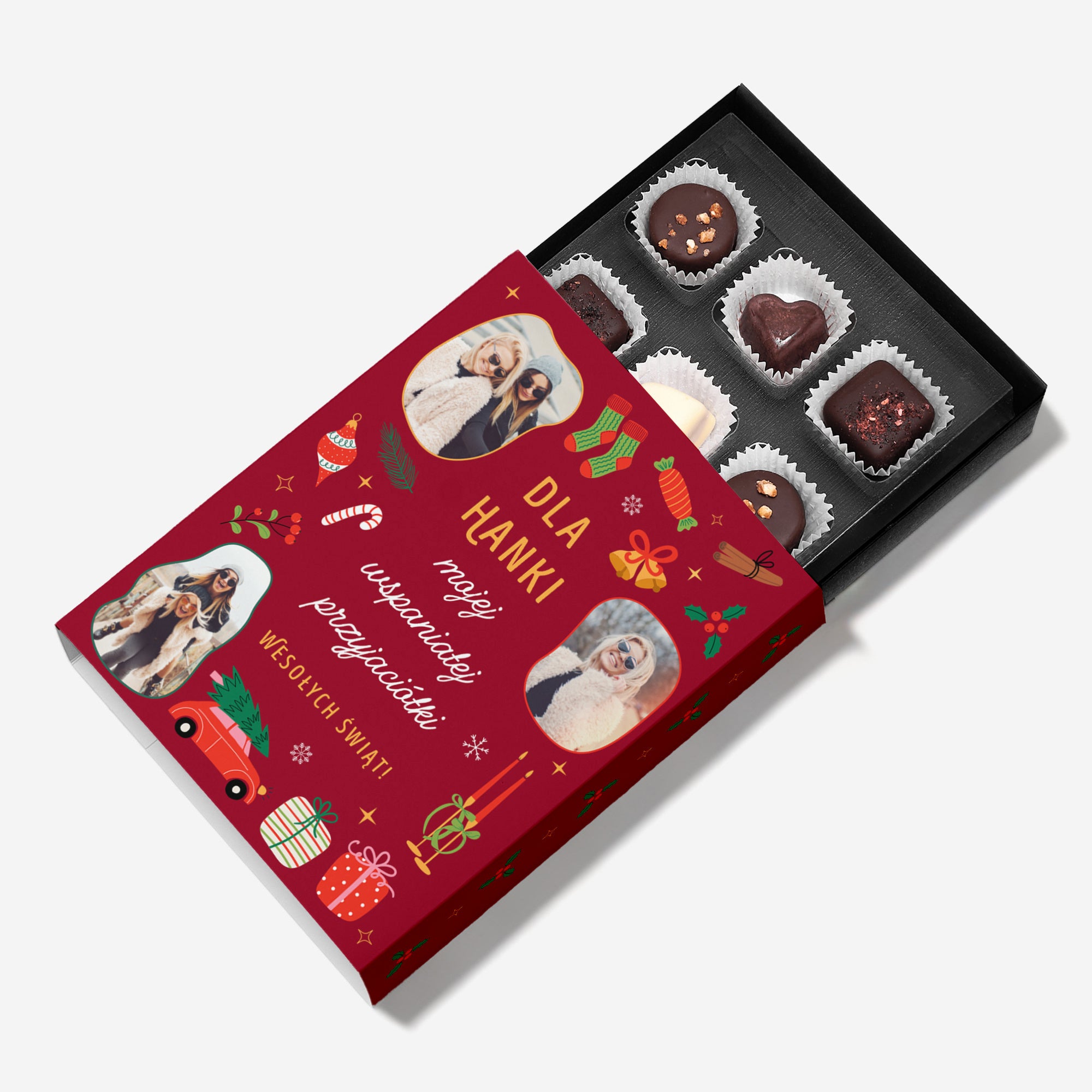 Świąteczne czekoladki ze zdjęciami - prezent dla przyjaciółki czekoladki świąteczne praliny świąteczne