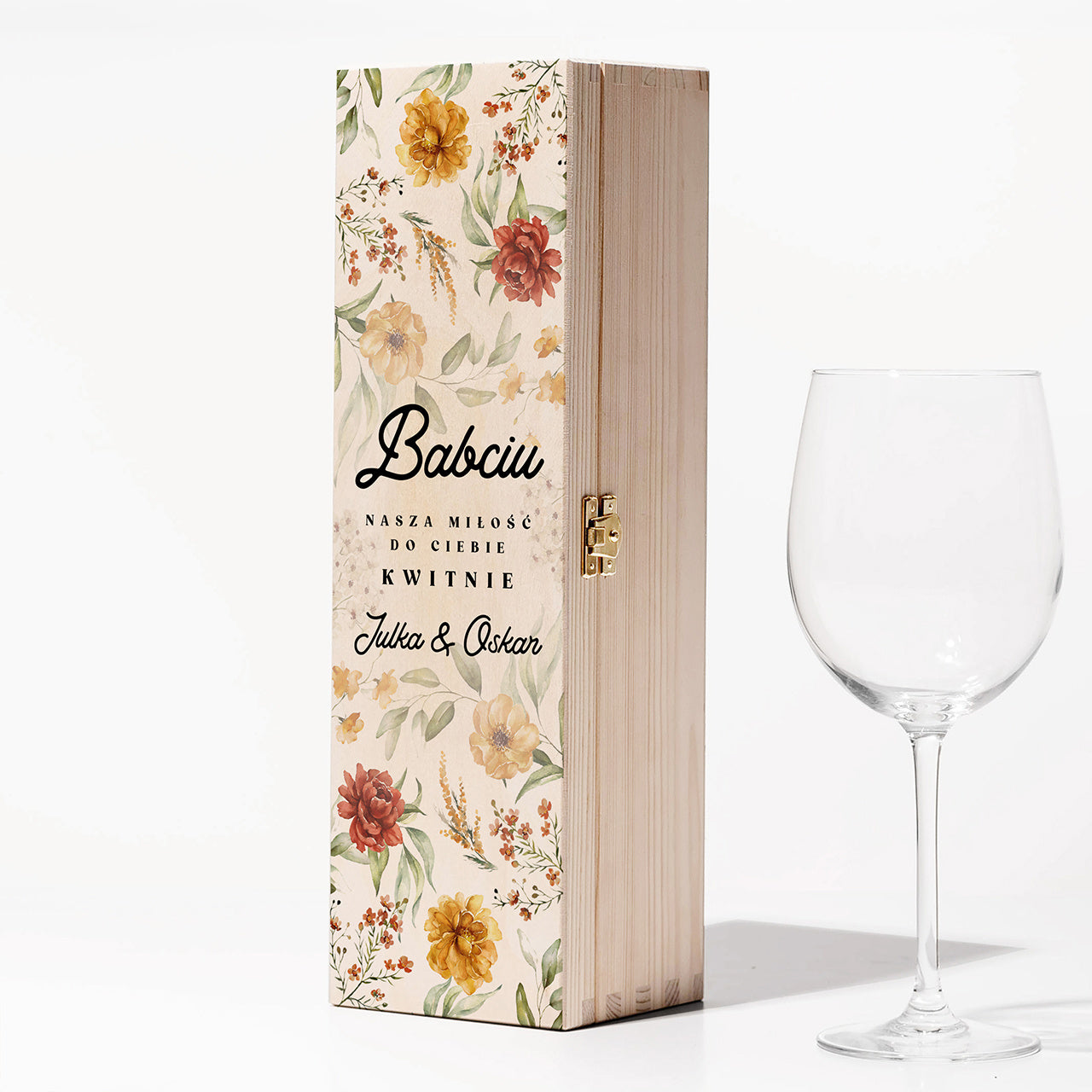 Skrzynka na wino prezent dla babci - Moja miłość kwitnie skrzynka na wino z grawerem prezent na Dzień Babci