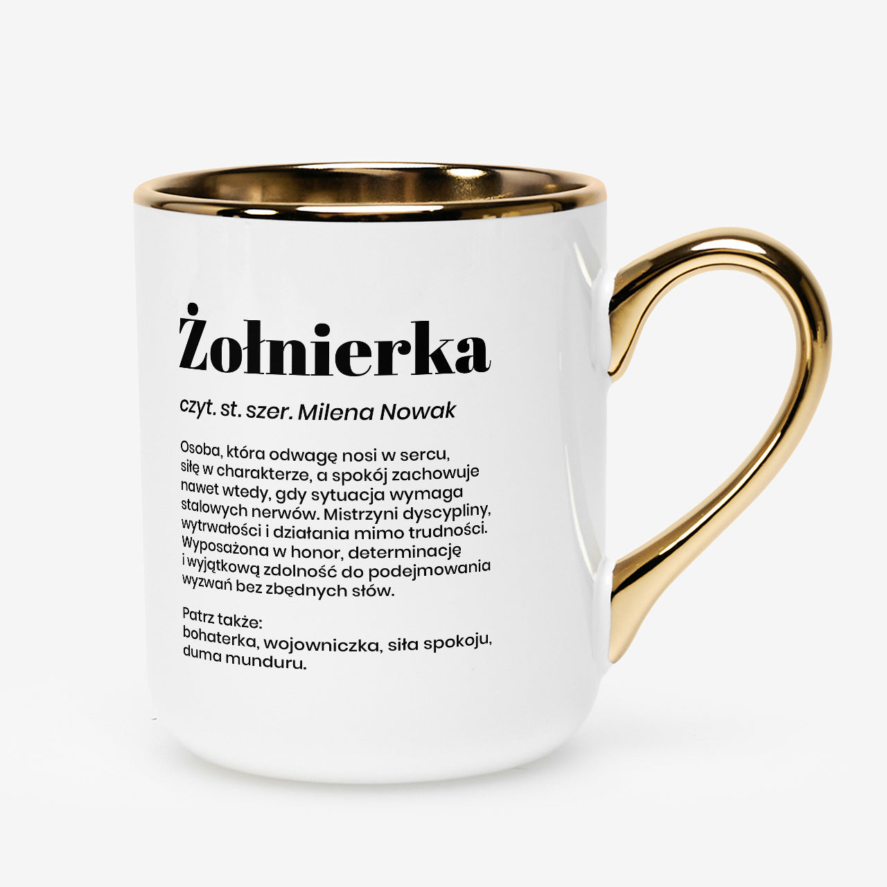 Elegancki kubek ze złotym brzegiem - prezent dla żołnierki