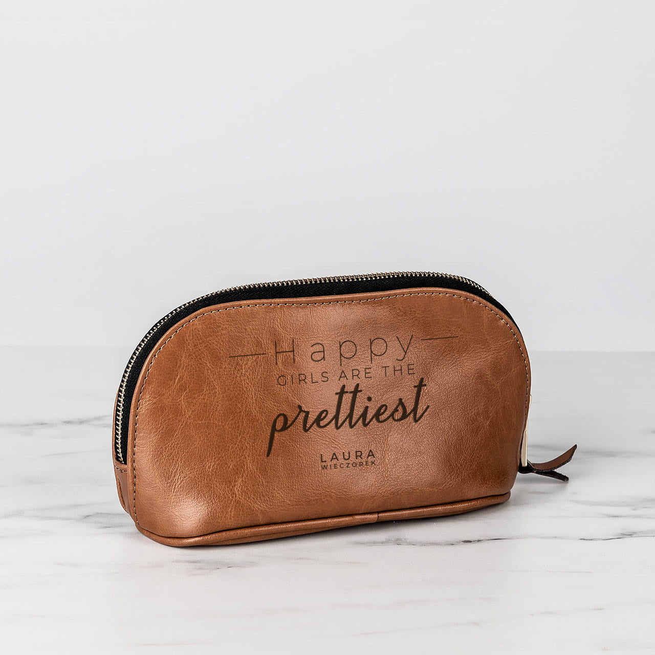 Damska kosmetyczka skórzana - Happy - prezent dla koleżanki personalizowana kosmetyczka kosmetyczka damska