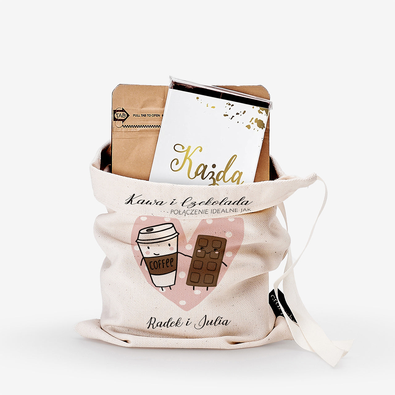 Kawa i czekolada w personalizowanym woreczku - Połączenie Idealne - prezent dla narzeczonych
