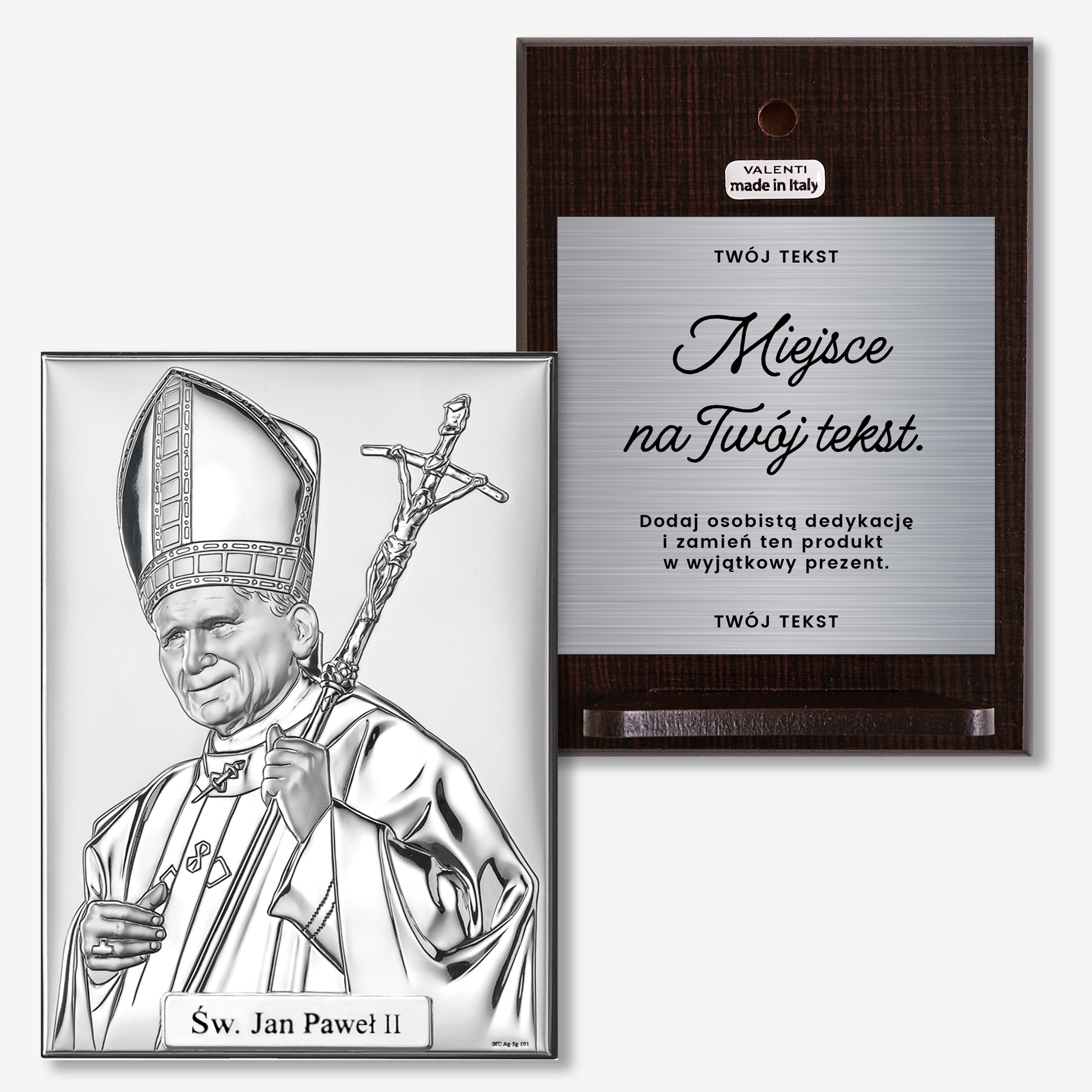 Srebrny obrazek - Papież Jan Paweł II - elegancka pamiątka prezent religijny z grawerem