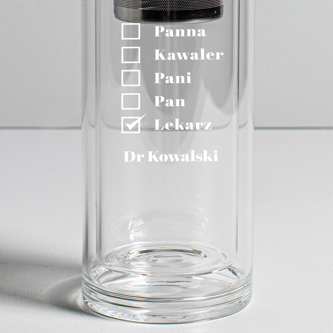 Personalizowana butelka z zaparzaczem dla lekarza prezent dla lekarza szklana butelka prezent dla doktora