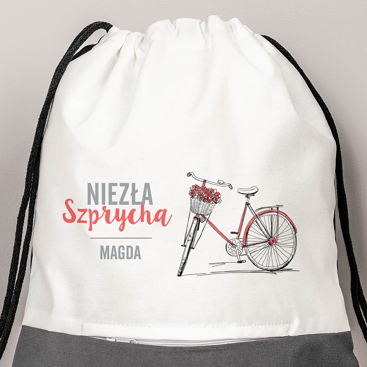Worko plecak na prezent dla rowerzystki - niezła szprycha worek z imieniem personalizowany worek
