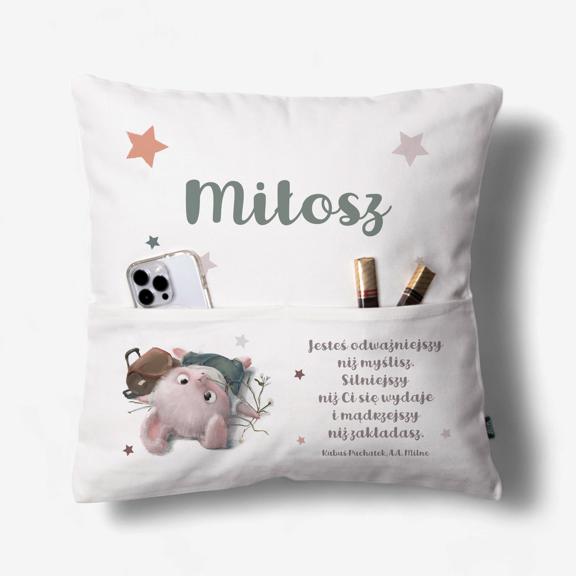 Personalizowana poduszka z kieszeniami dla chłopca