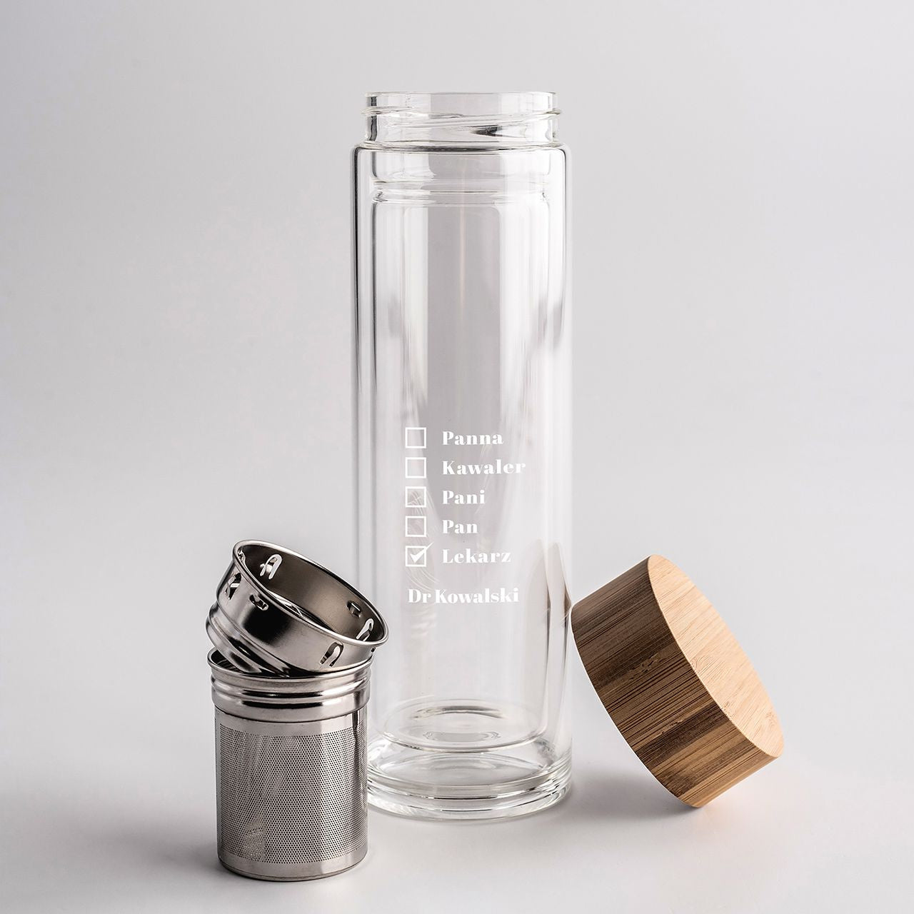 Personalizowana butelka z zaparzaczem dla lekarza prezent dla lekarza szklana butelka prezent dla doktora