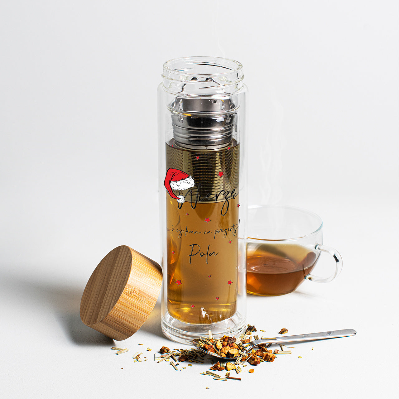 Szklany bidon świąteczny prezent na Mikołaja Świąteczny termos z zaparzaczem  prezent dla niej dla niego