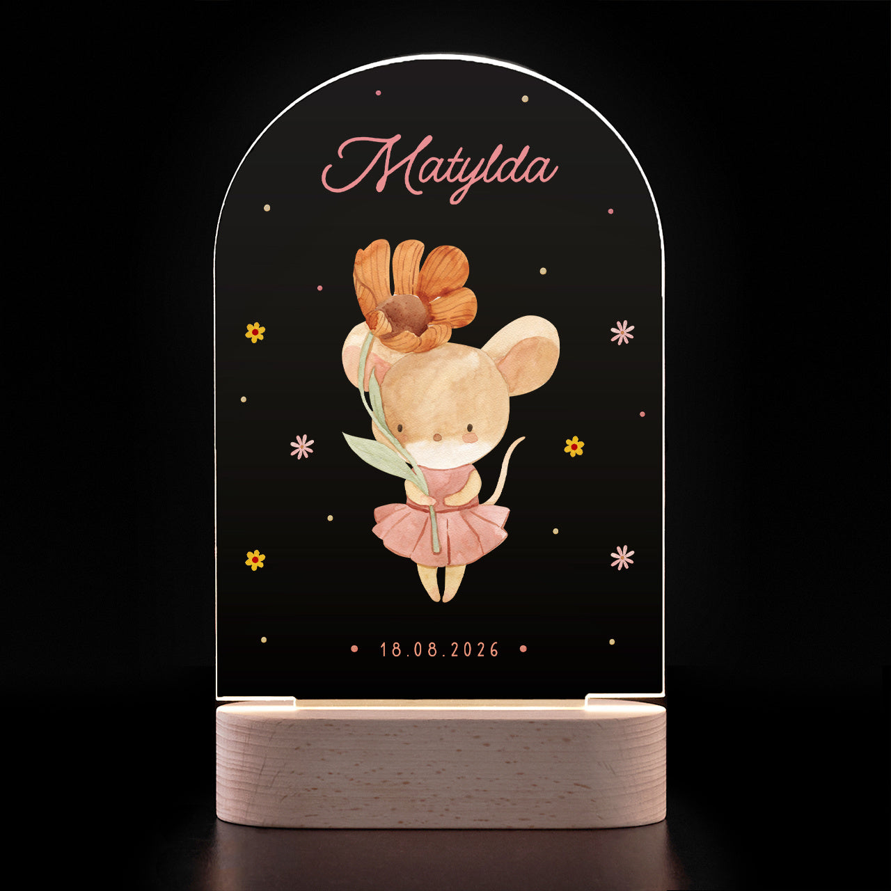 Personalizowana lampka na narodziny dziecka - Myszka lampka z imieniem dla dziewczynki