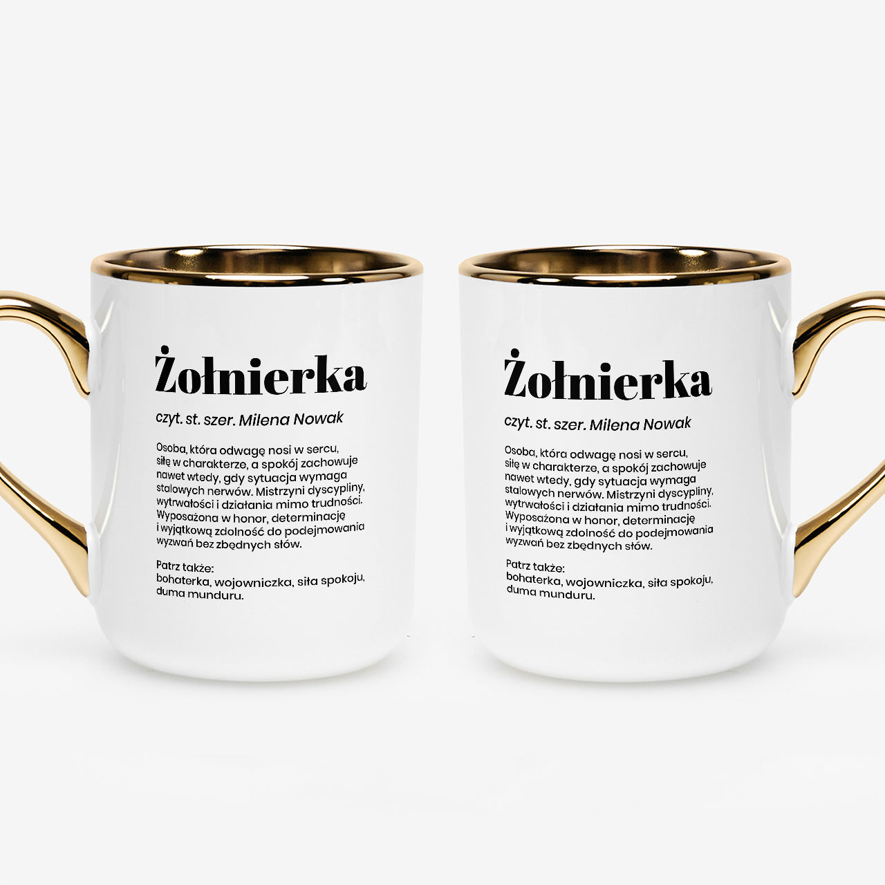 Elegancki kubek ze złotym brzegiem - prezent dla żołnierki