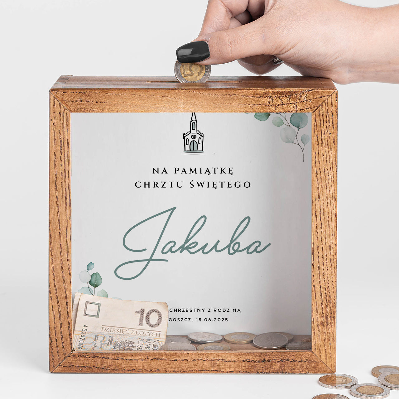 Skarbonka na chrzest dla chłopca - Pamiątka Chrztu św. personalizowana skarbonka prezent na Chrzest Święty 