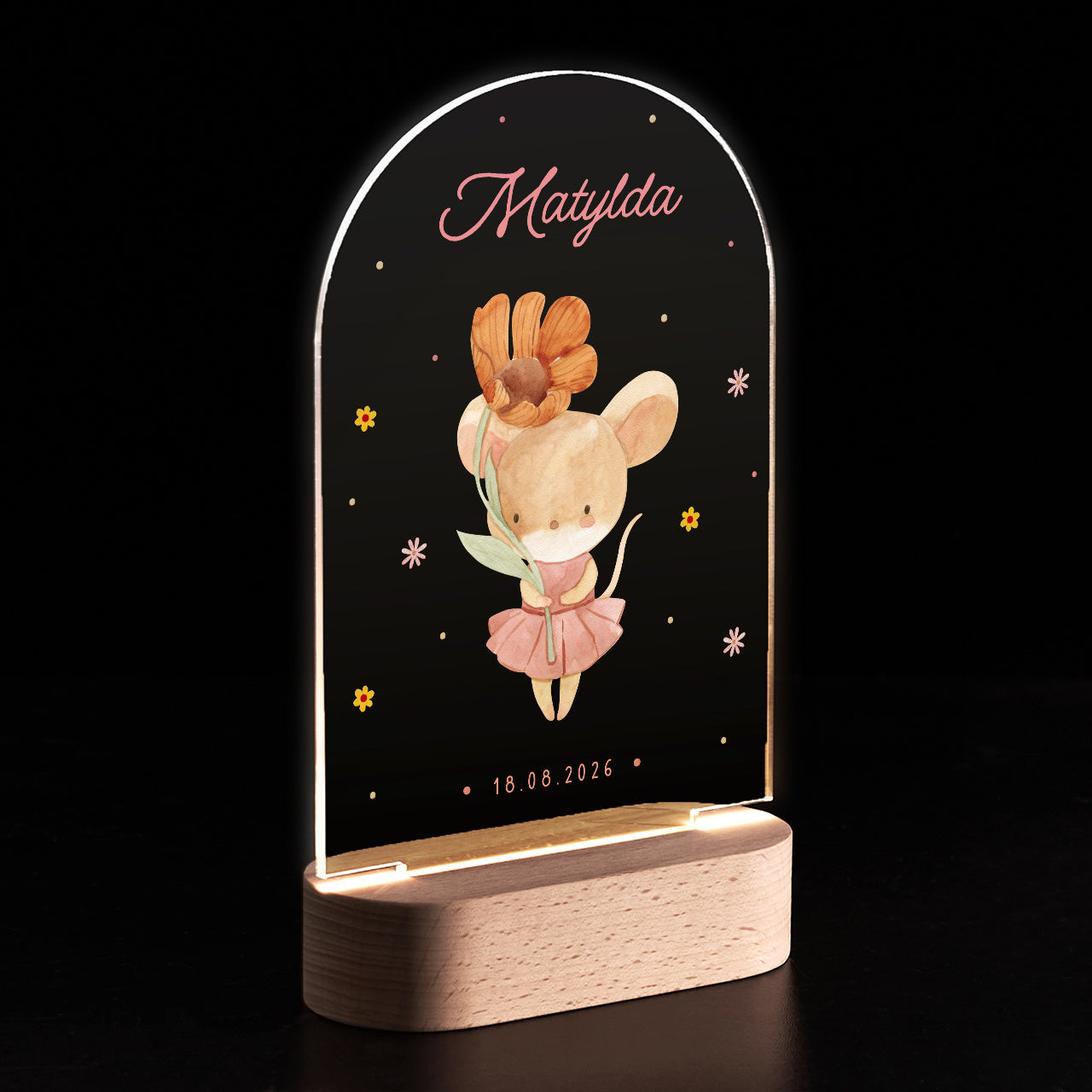 Personalizowana lampka na narodziny dziecka - Myszka lampka z imieniem dla dziewczynki