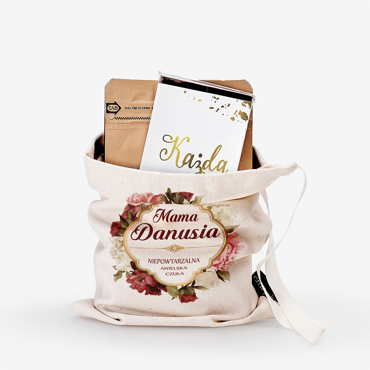 Czekolada i kawa w dedykowanym woreczku - prezent na urodziny dla mamy prezent dla mamy na urodziny 