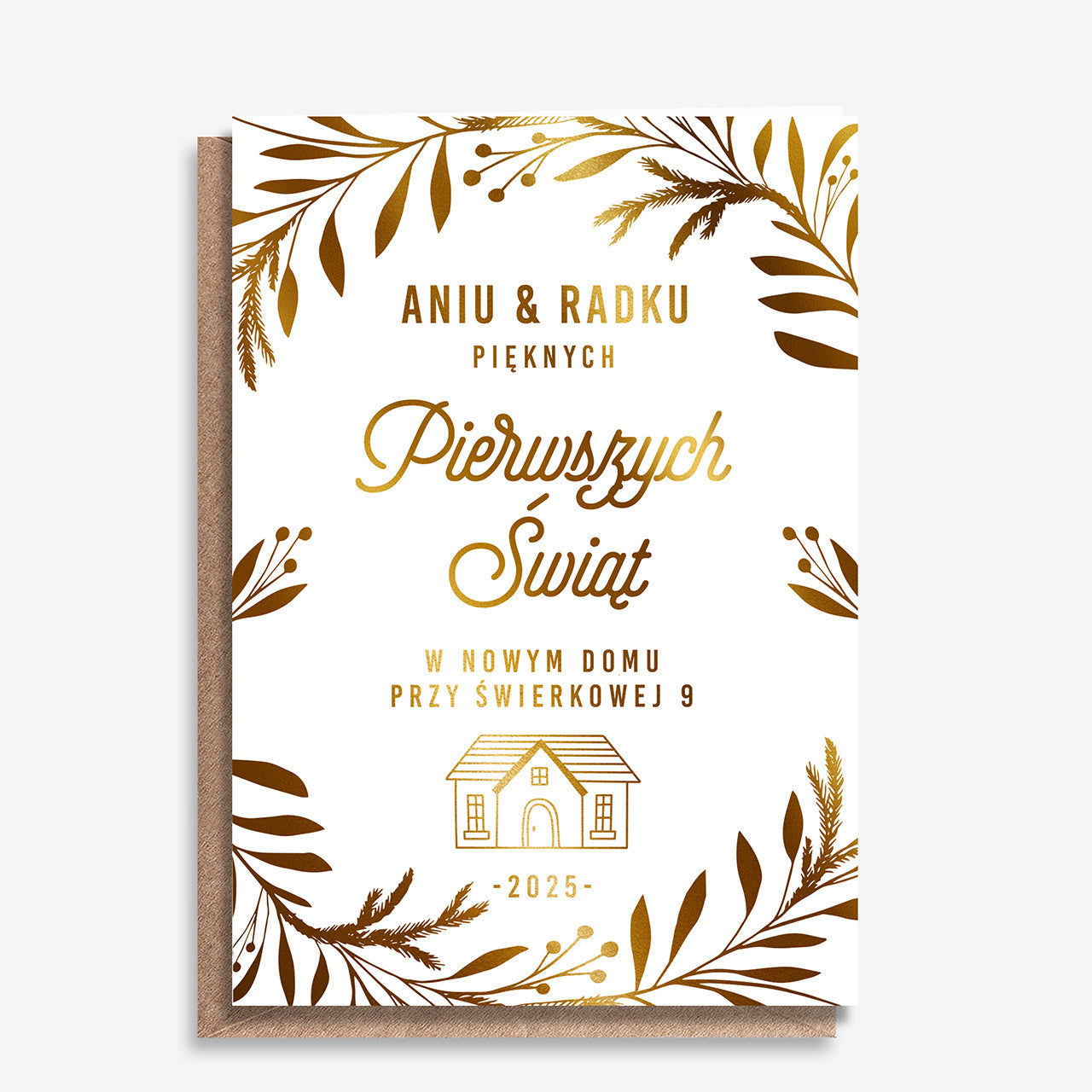 Pozłacana kartka świąteczna - Pierwsze Święta w Nowym Domu