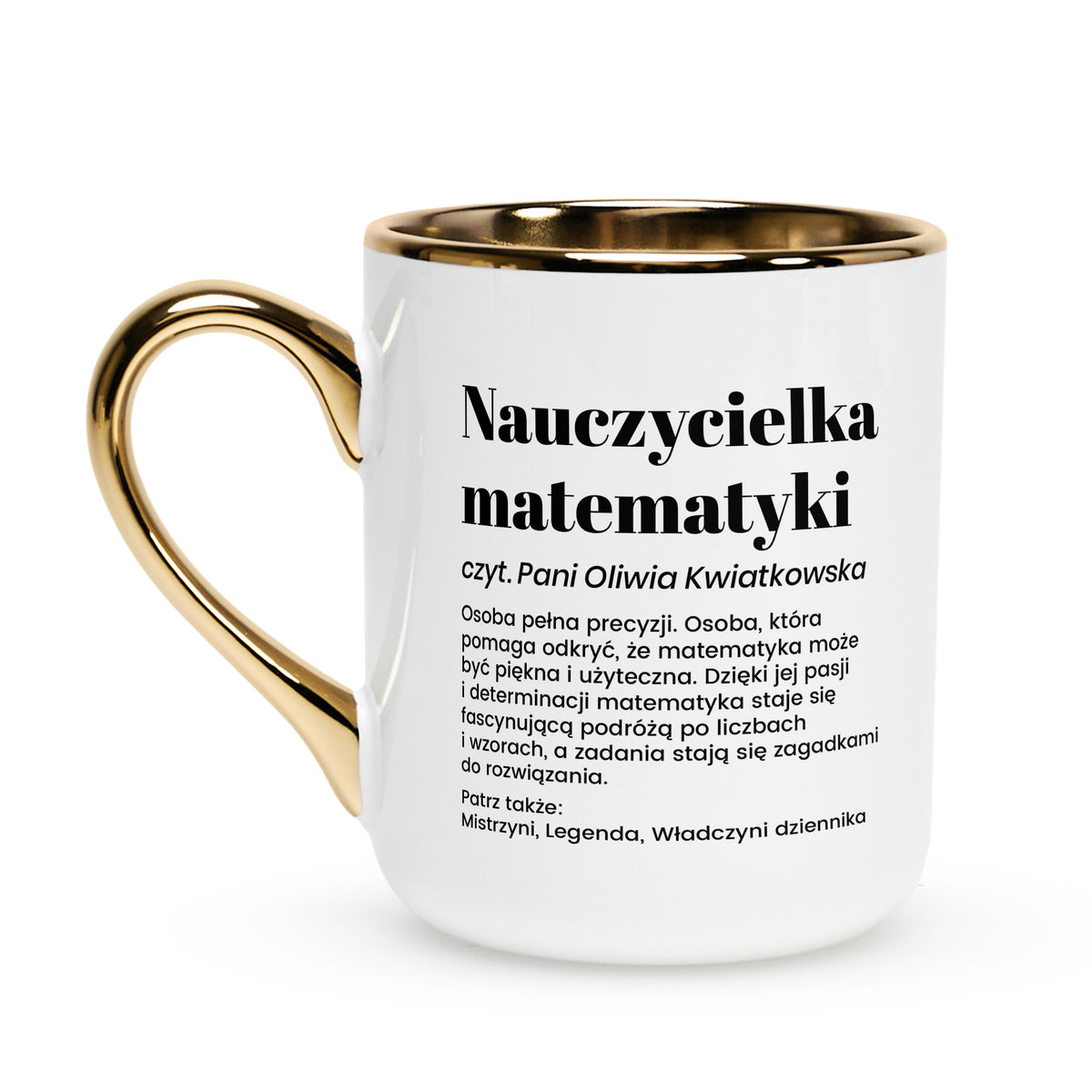 Personalizowany kubek biało-złoty dla nauczycielki matematyki - definicja