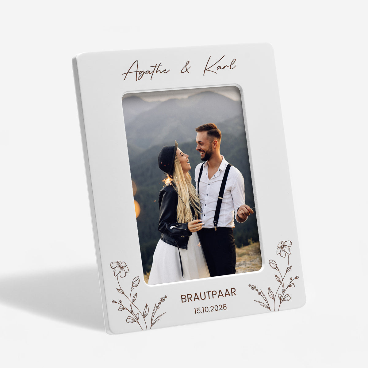 Gravierter weißer Bilderrahmen zur Hochzeit - BRAUTPAAR