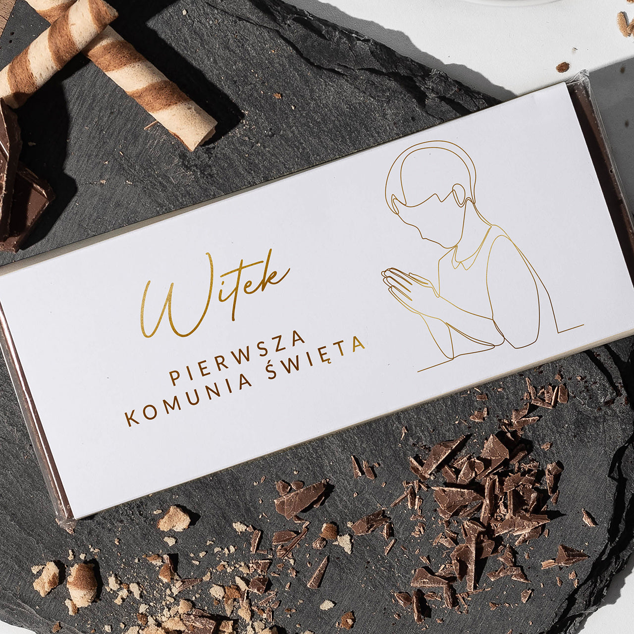 Personalizowana czekolada na komunię chłopca - ze złoceniem upominek komunijny czekolada na pierwszą komunię