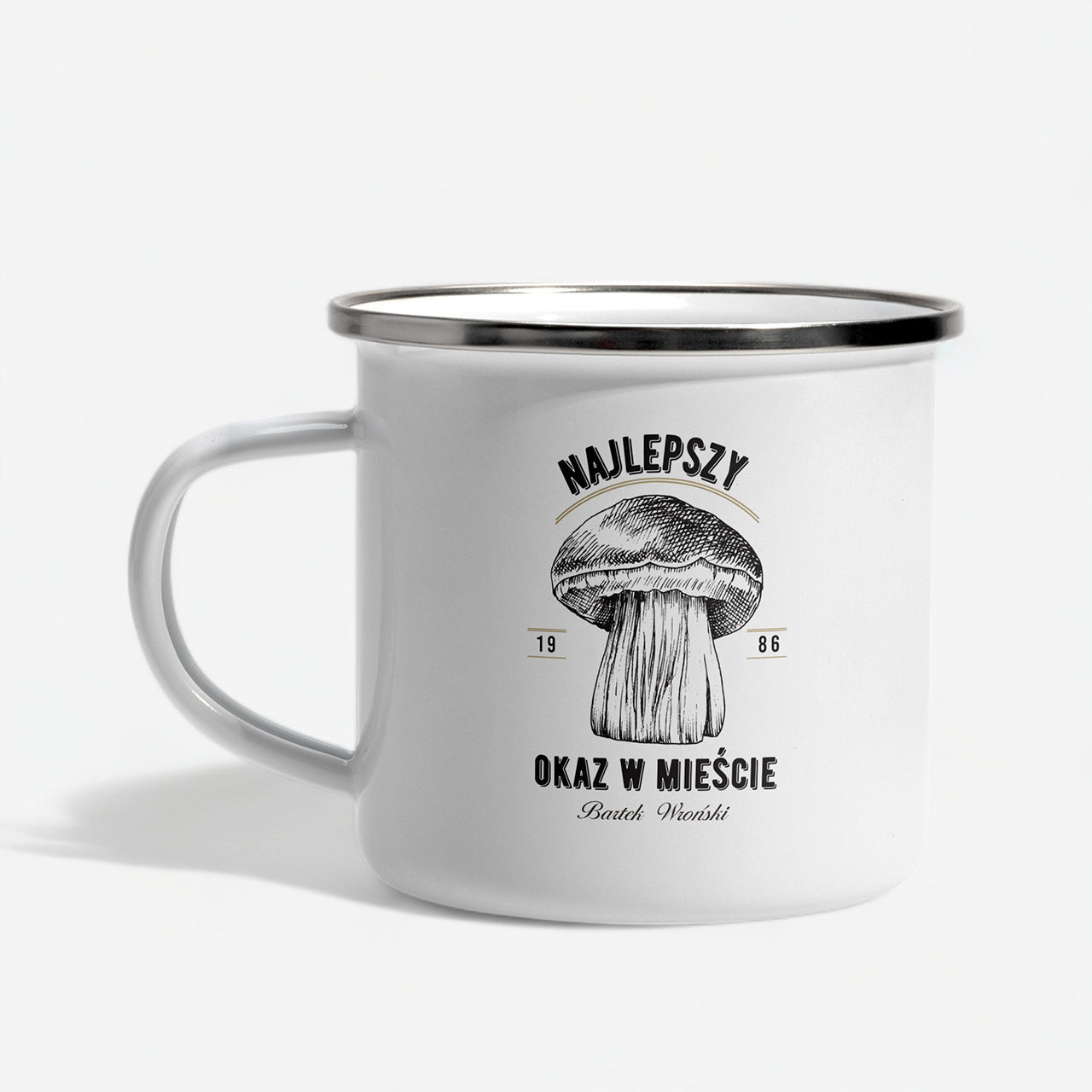 Personalizowany kubek emaliowany - upominek dla grzybiarza