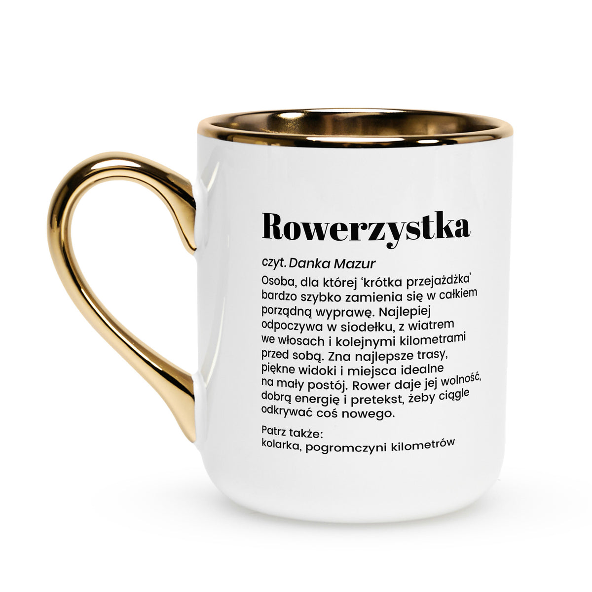 Kubek biało-złoty dla rowerzystki - prezent dla kolarza
