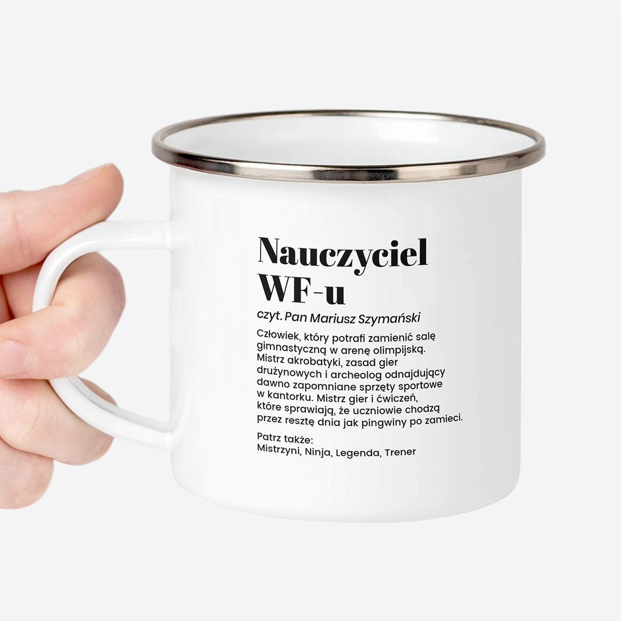 Kubek emaliowany dla wuefisty kubek personalizowany dla nauczyciela wfu prezent dla wuefisty