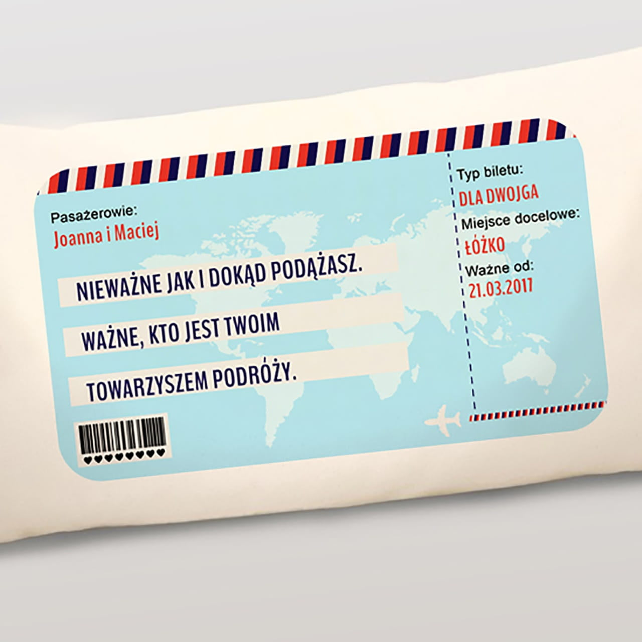 Poduszka z nadrukiem prezent ślubny dla podróżników - Bilet prezent dla podróżników prezent na ślub
