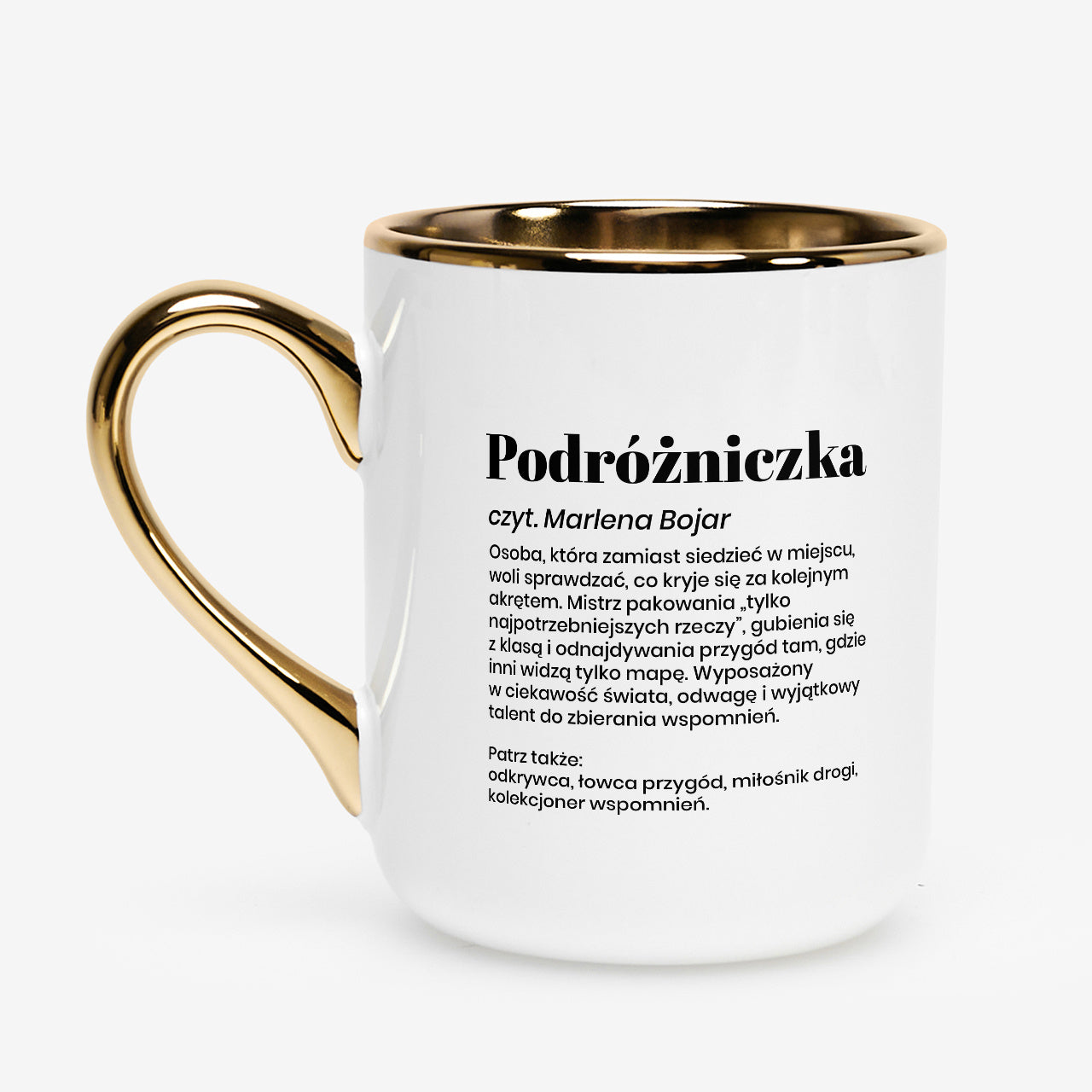 Biało-złoty kubek dla podróżniczki - prezent personalizowany dla niej